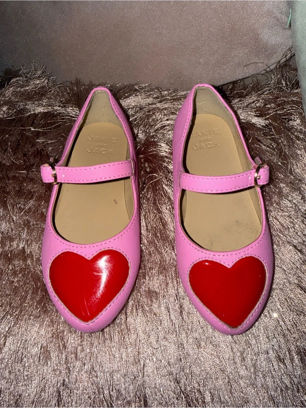Janie and Jack Pink Mary Jane Flats with Red Heart Detail